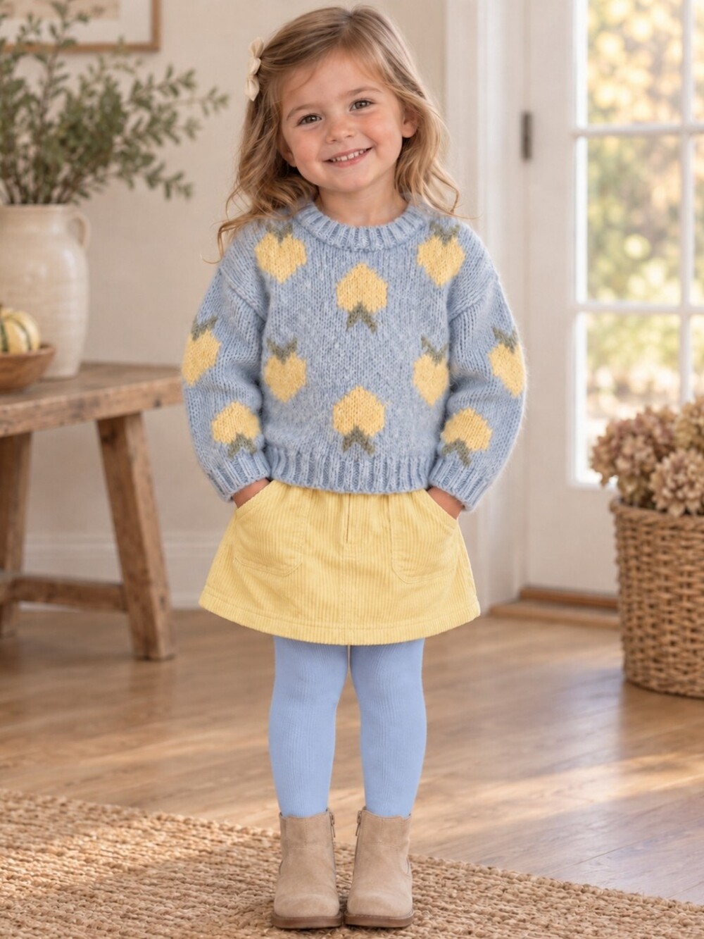 Zara Light Blue Crewneck Sweater with Yellow Floral Motif | 3Y